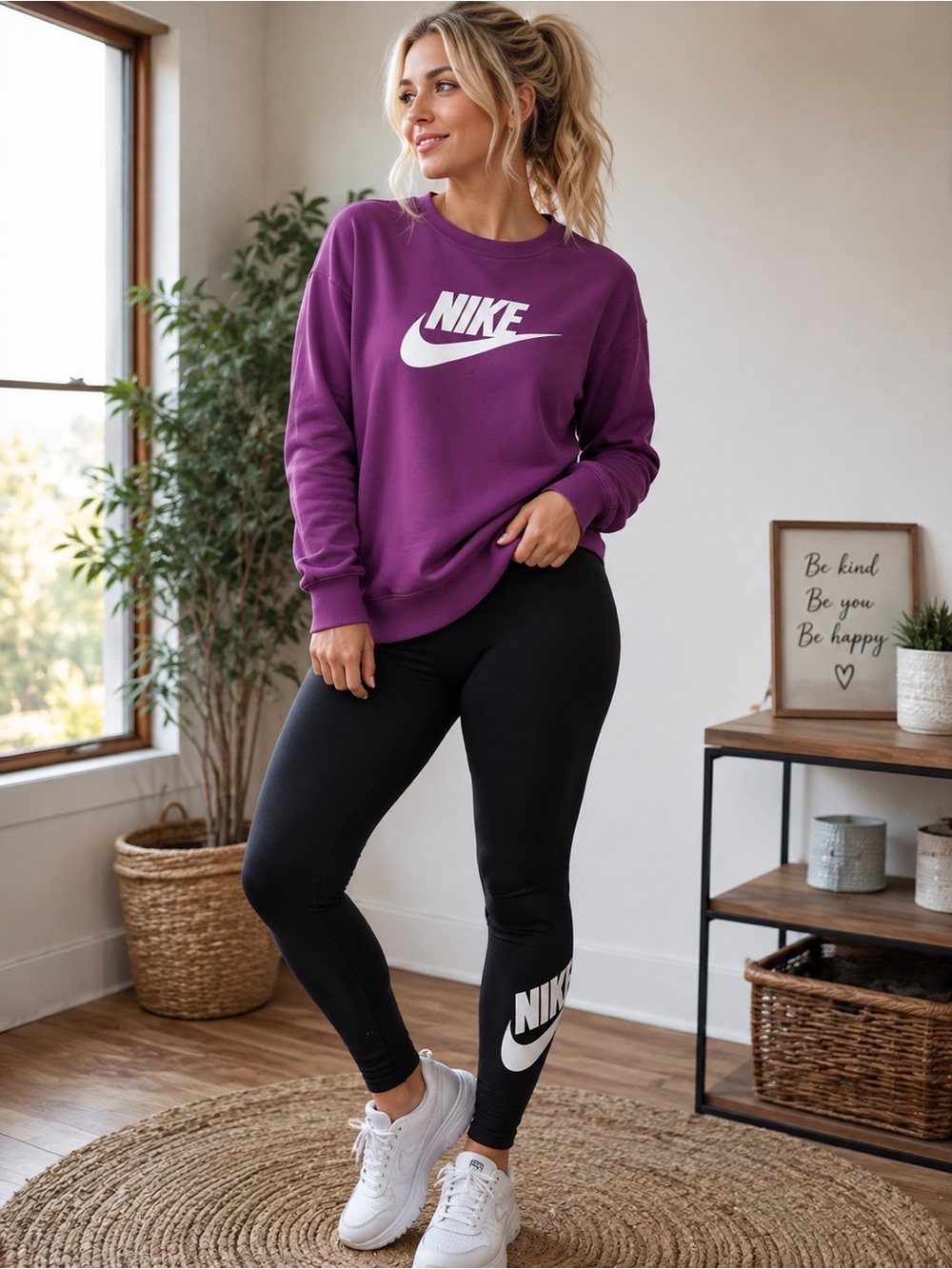 Nike women’s large Purple Crewneck Sweatshirt & Black Leggings like new
